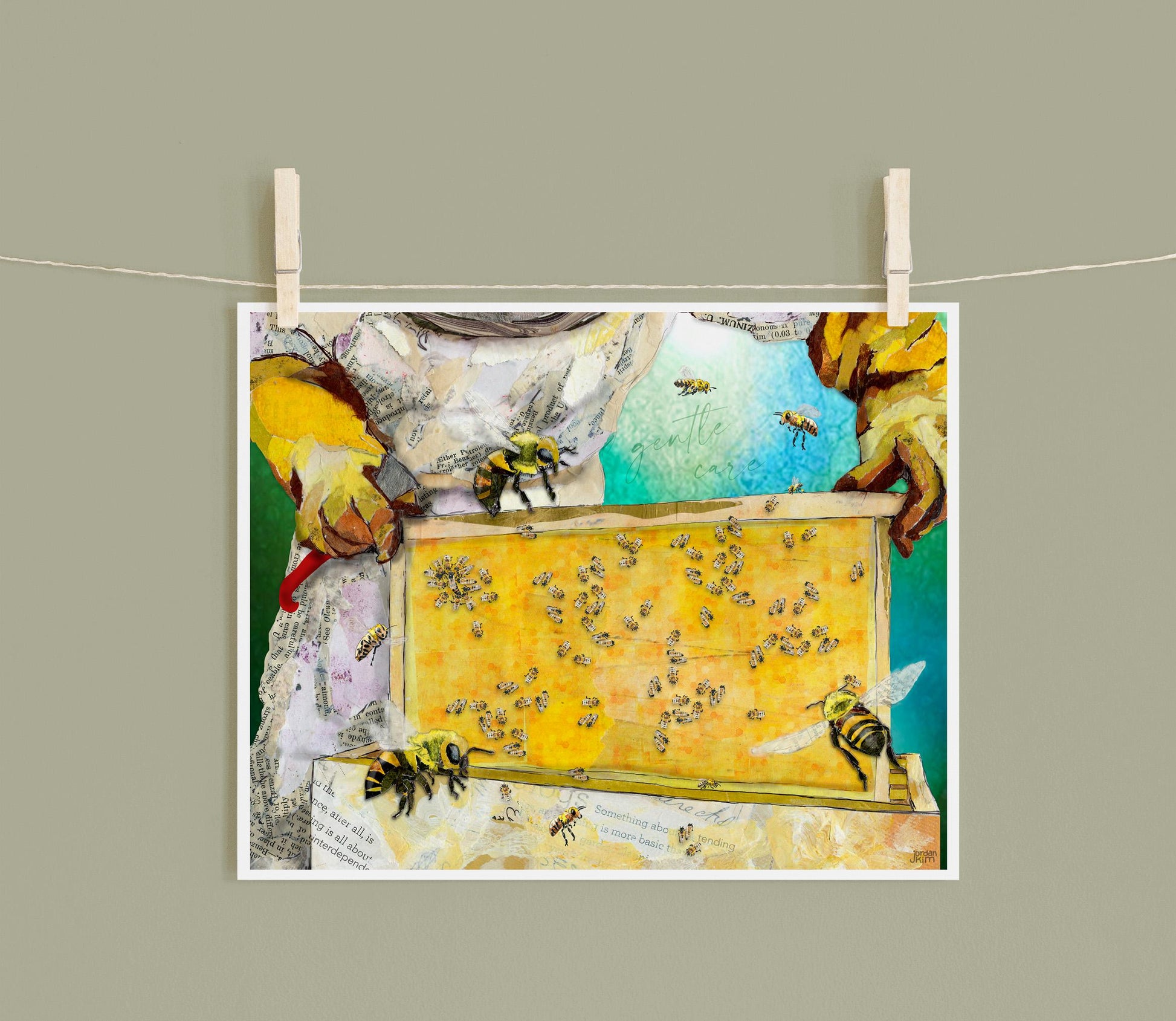 Honey Harvest Mixed Media Collage Print – 8x10 Beekeeper Bees Artwork