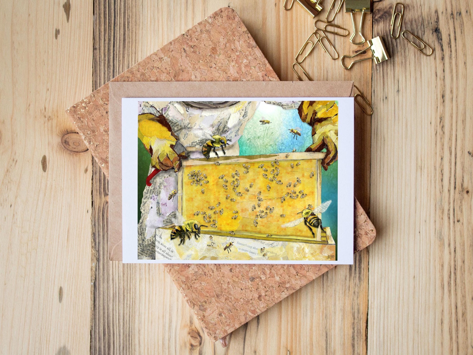 Honey Harvest Card – Paper Collage Beekeeper Pulling Frames Honeybee 5x7 Blank Greeting Card