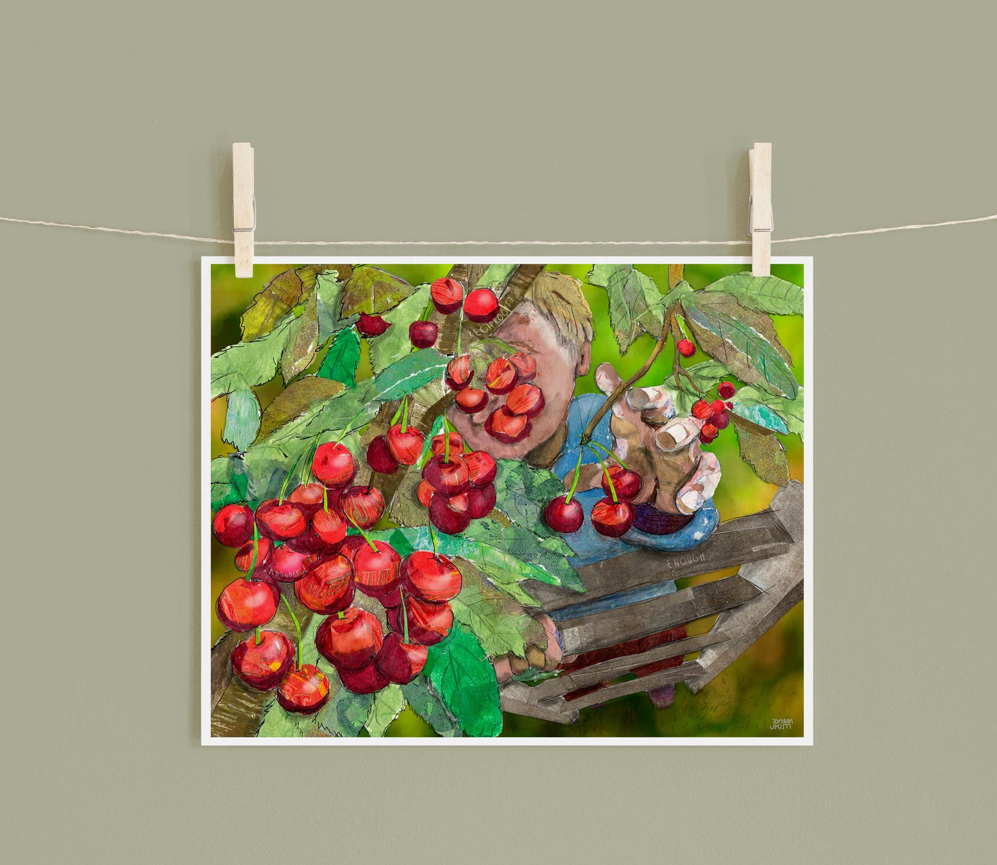Cherry Picking Collage Art Print – 8x10 Mixed Media Harvesting Cherries Wall Art