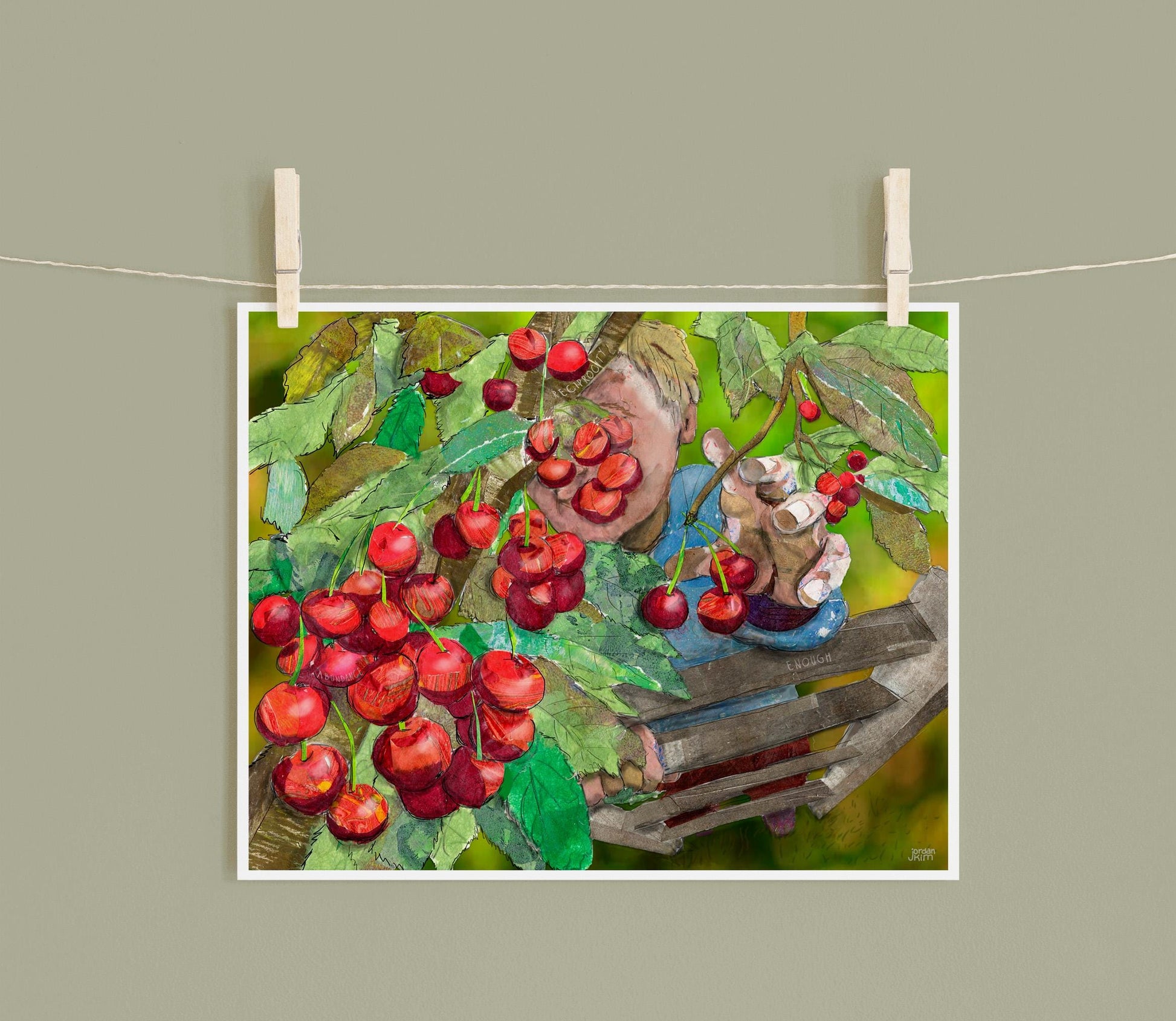 Cherry Picking Collage Art Print – 8x10 Mixed Media Harvesting Cherries Wall Art