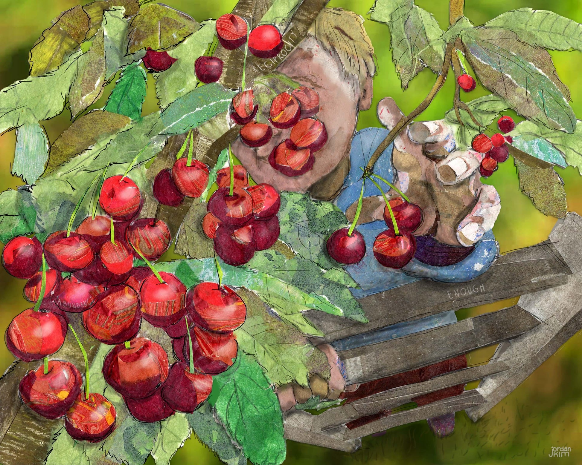 Cherry Picking Collage Art Print – 8x10 Mixed Media Harvesting Cherries Wall Art
