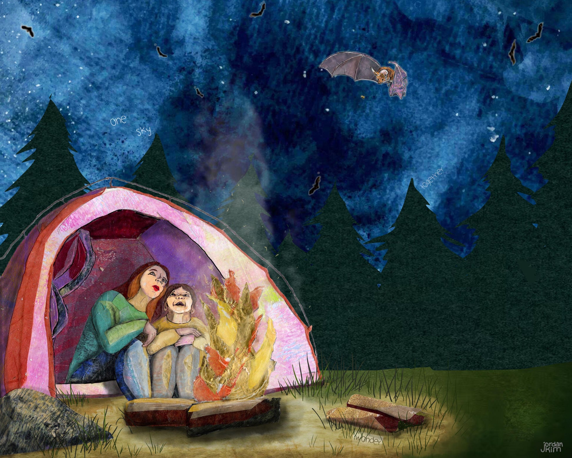 Mother Child Camping Collage Print – Night Sky Bats (8x10)