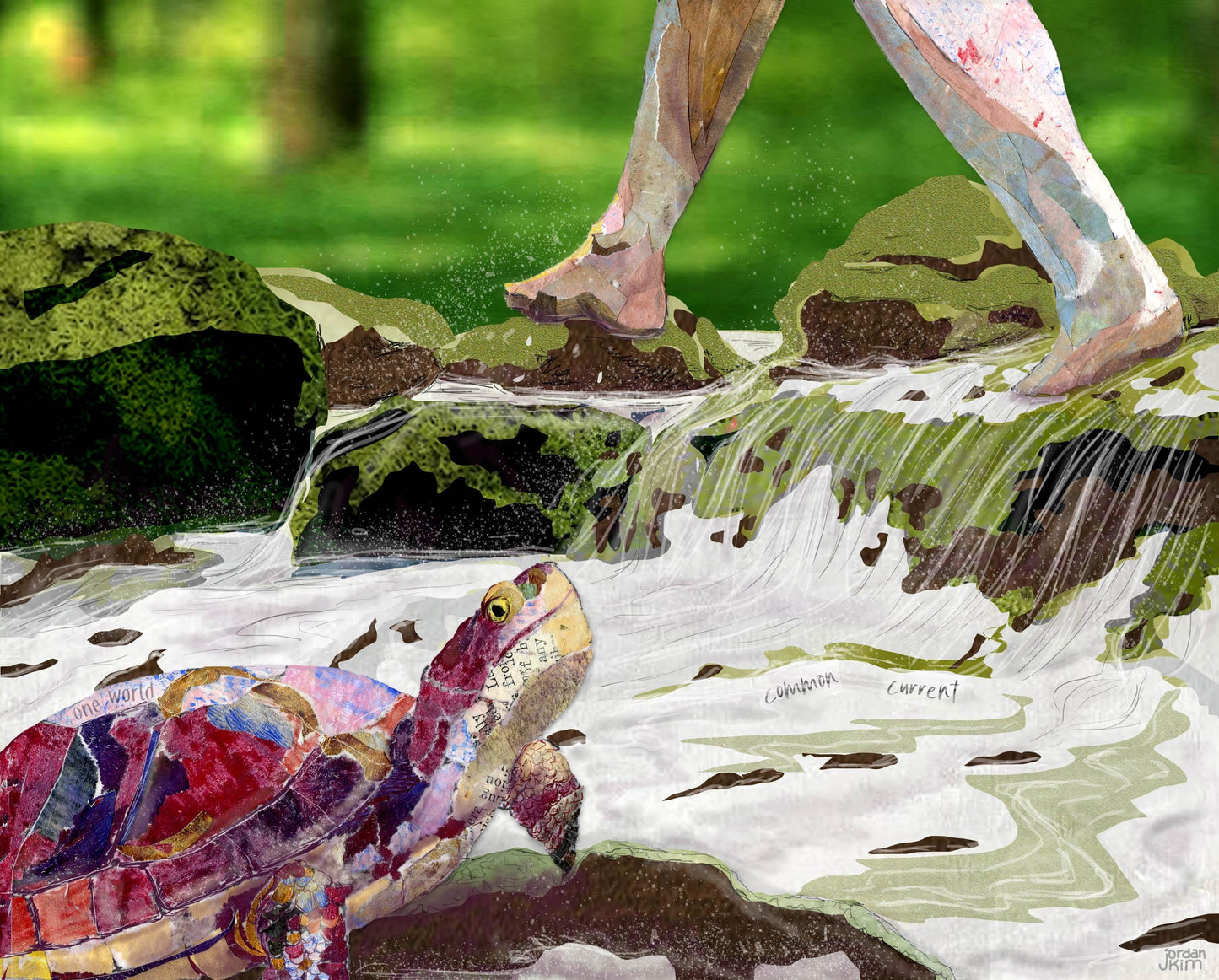 Turtle Toes Mixed Media Collage Art Print – 8x10 Stream Crossing Scene