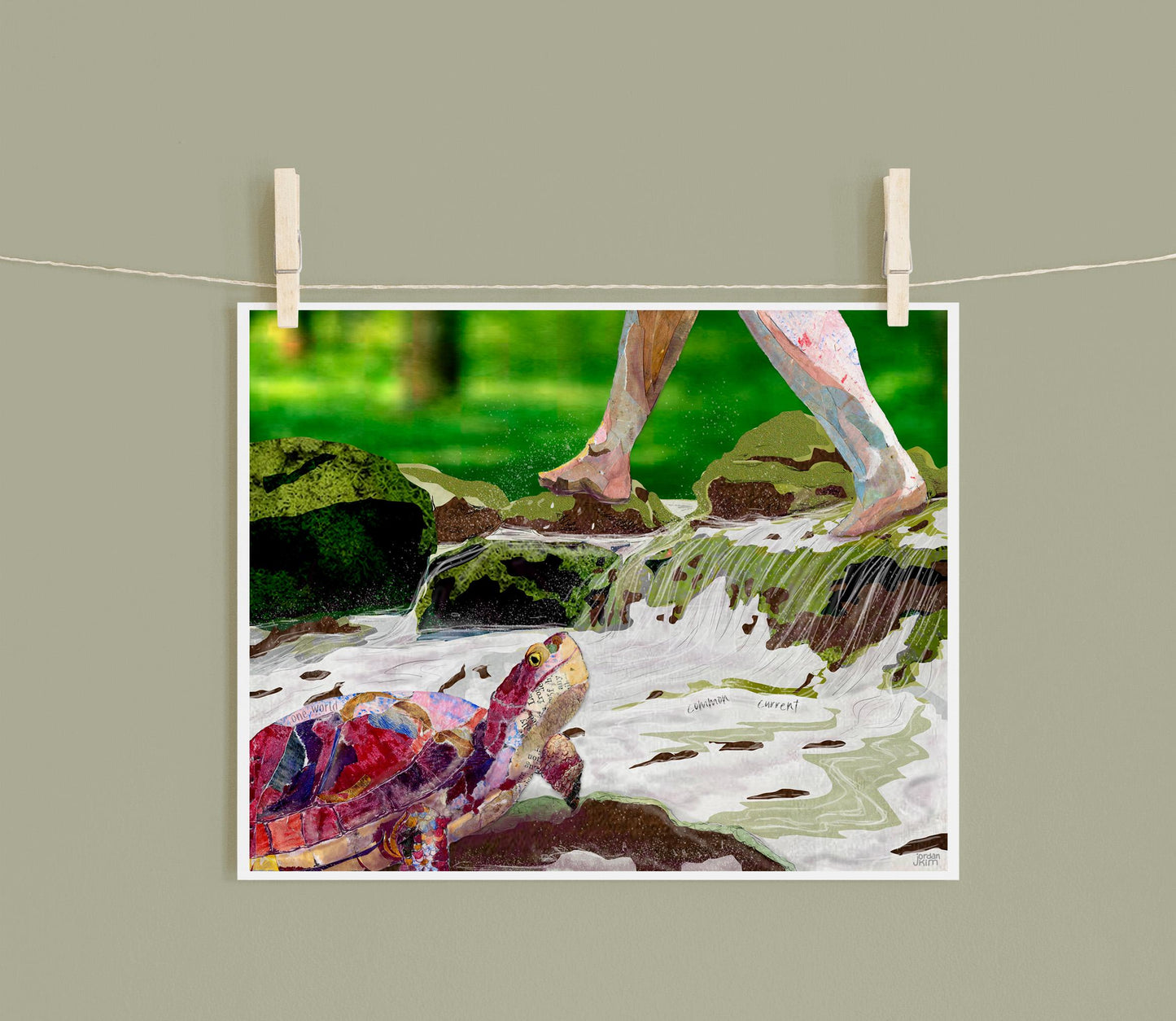 Turtle Toes Mixed Media Collage Art Print – 8x10 Stream Crossing Scene