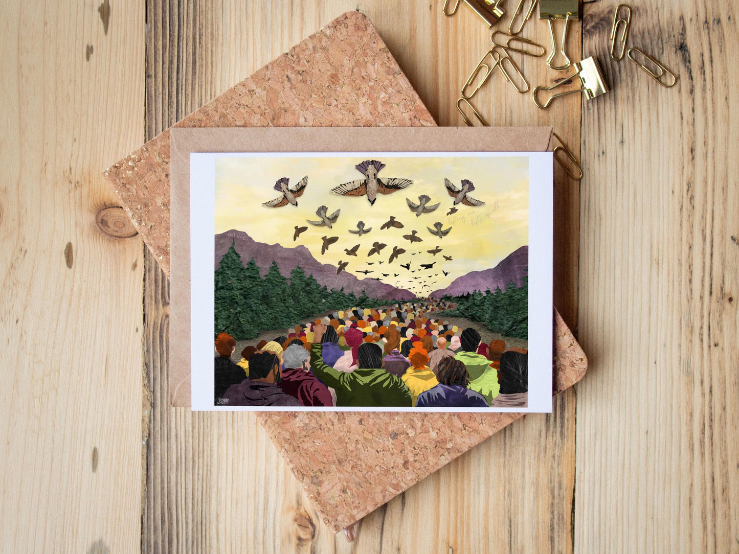 March Migration Card – Paper Collage People Marching Under Birds, 5x7 Blank Greeting Card