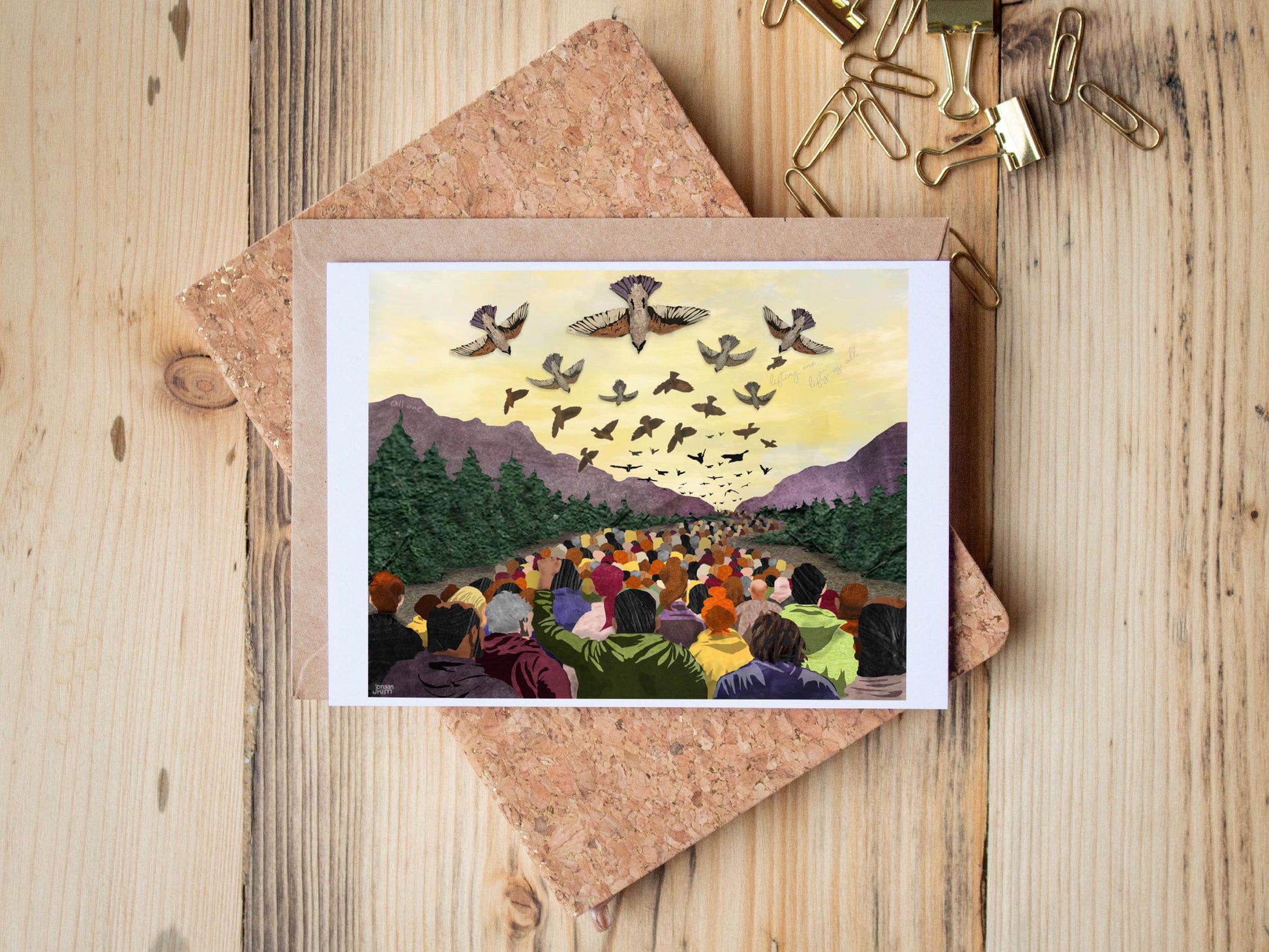 March Migration Card – Paper Collage People Marching Under Birds, 5x7 Blank Greeting Card