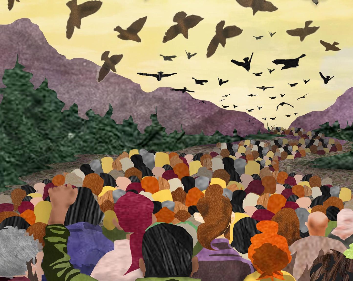 March Migration Card – Paper Collage People Marching Under Birds, 5x7 Blank Greeting Card
