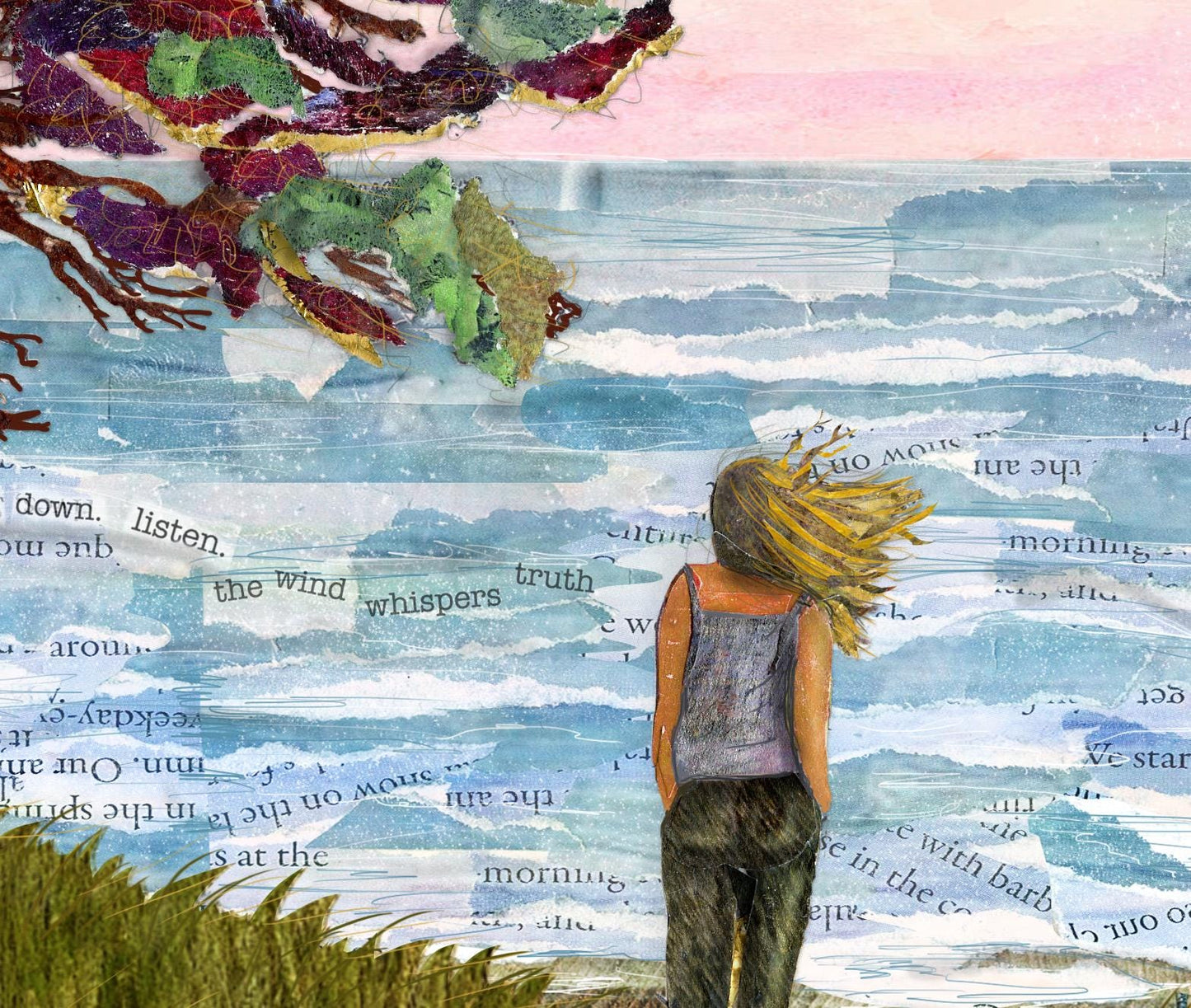Windy Coast Mixed Media Collage Art Print – Woman Hair Blowing Ocean Scene 8x10