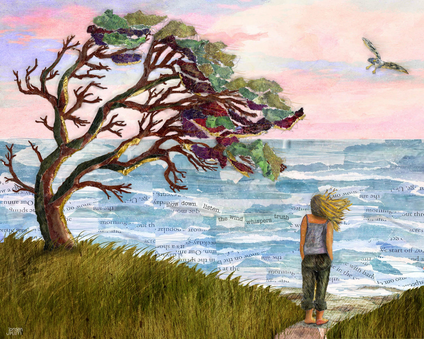 Windy Coast Mixed Media Collage Art Print – Woman Hair Blowing Ocean Scene 8x10
