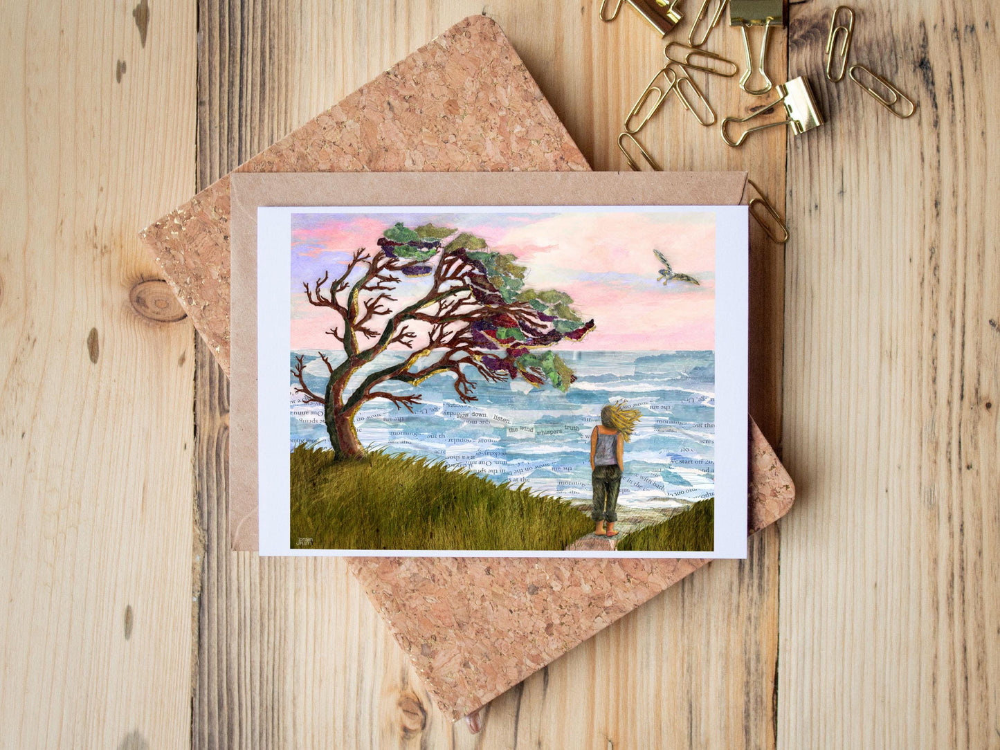 Windy Coast Card – Paper Collage Woman Hair Blowing at the Ocean, 5x7 Blank Greeting Card