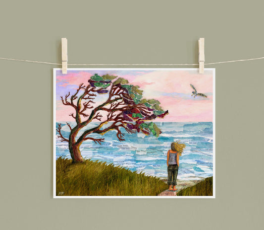 Windy Coast Mixed Media Collage Art Print – Woman Hair Blowing Ocean Scene 8x10