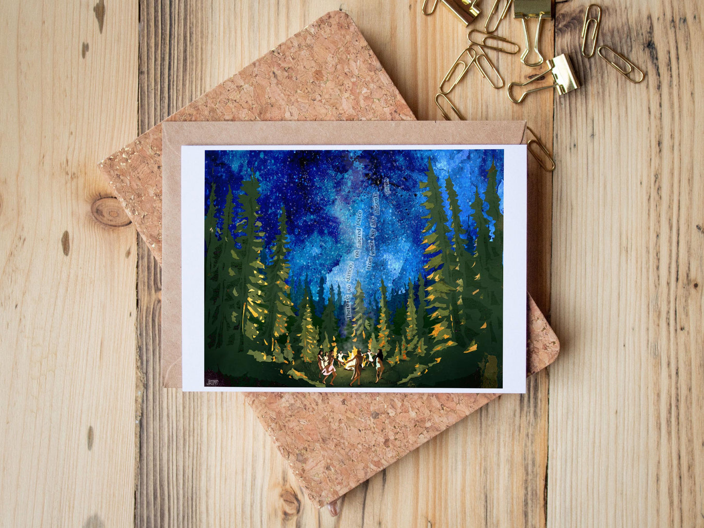 Fire Dance Card – Women Gathering Forest Collage Art (5x7 Greeting Card)
