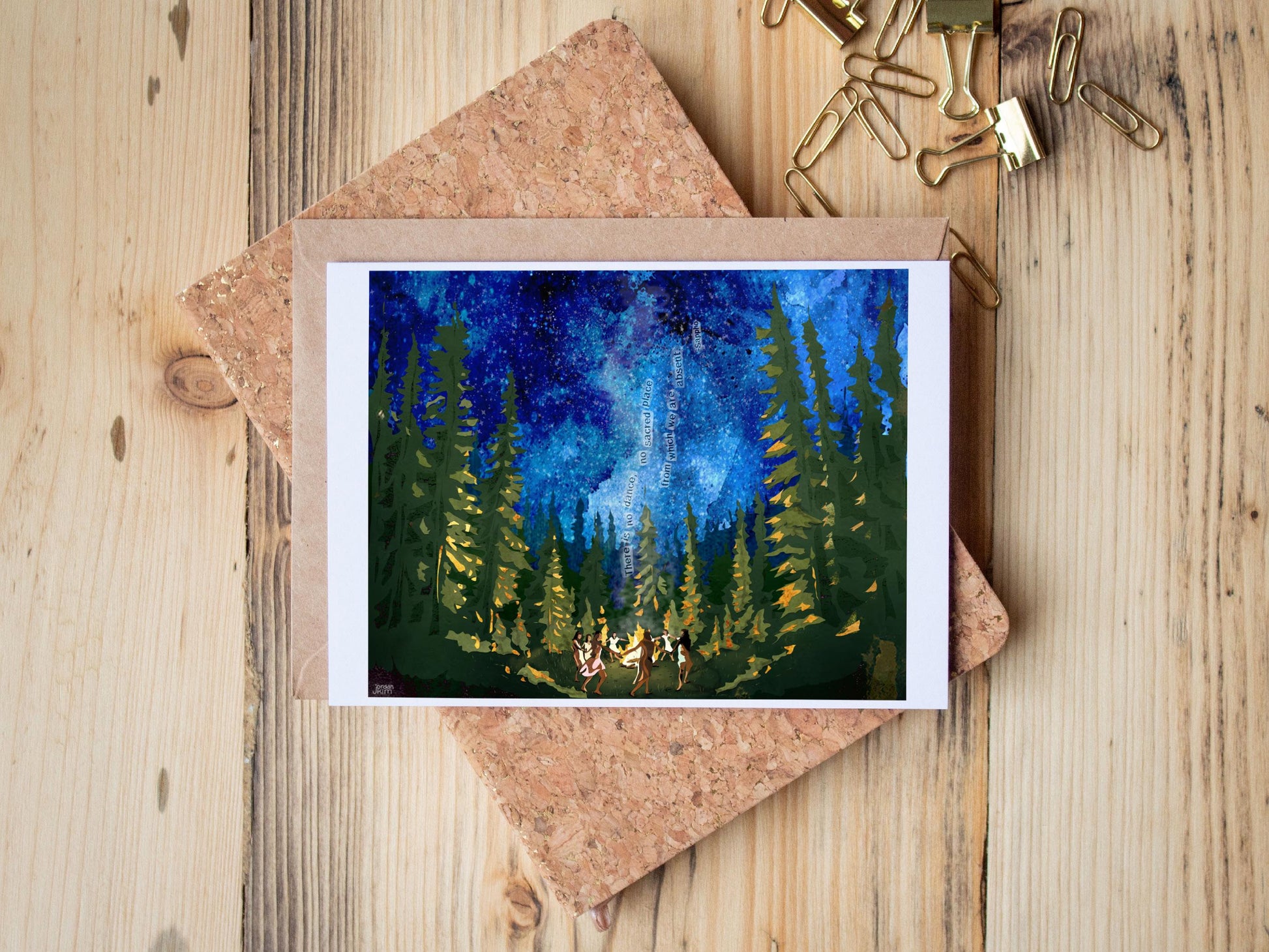 Fire Dance Card – Women Gathering Forest Collage Art (5x7 Greeting Card)