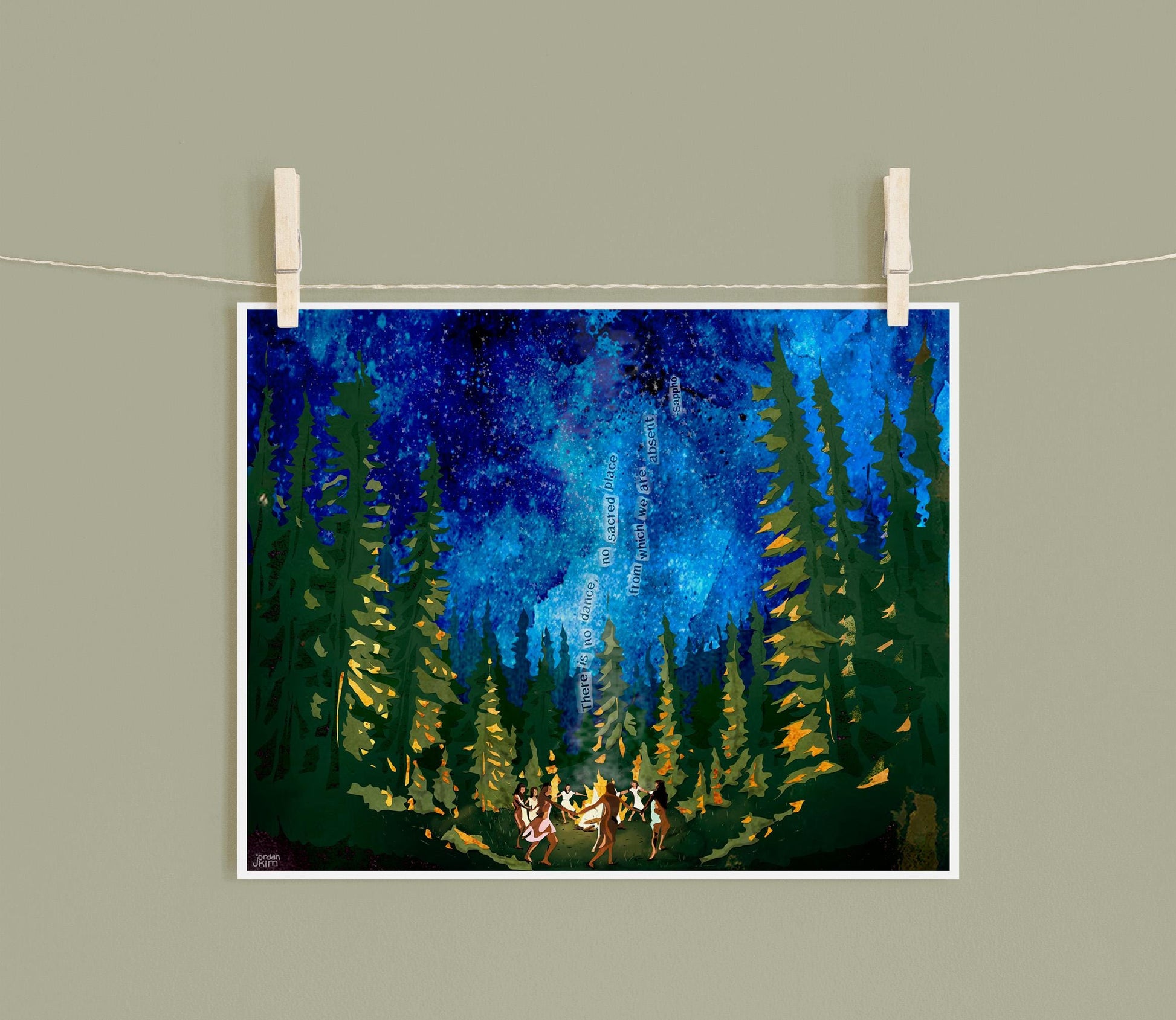 Fire Dance Collage Print – Women Forest Night Scene, 8x10 Mixed Media Artwork