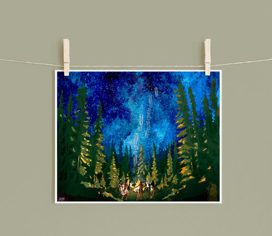 Fire Dance Collage Print – Women Forest Night Scene, 8x10 Mixed Media Artwork
