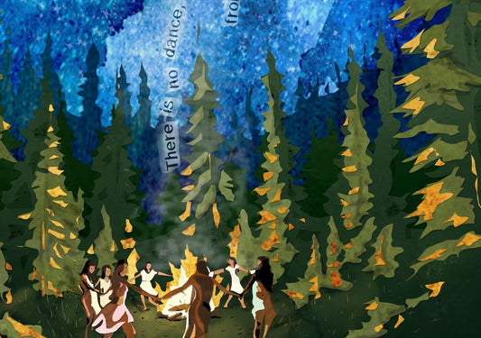 Fire Dance Collage Print – Women Forest Night Scene, 8x10 Mixed Media Artwork