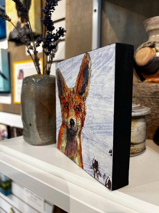 5x5" Wood-Mounted Print - Fox - For Hanging or Free Standing on Shelf
