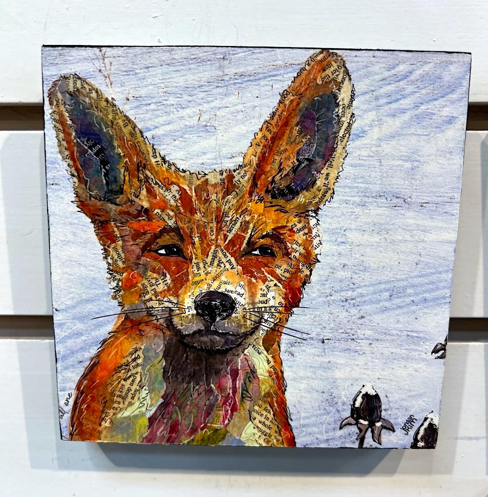 5x5" Wood-Mounted Print - Fox - For Hanging or Free Standing on Shelf