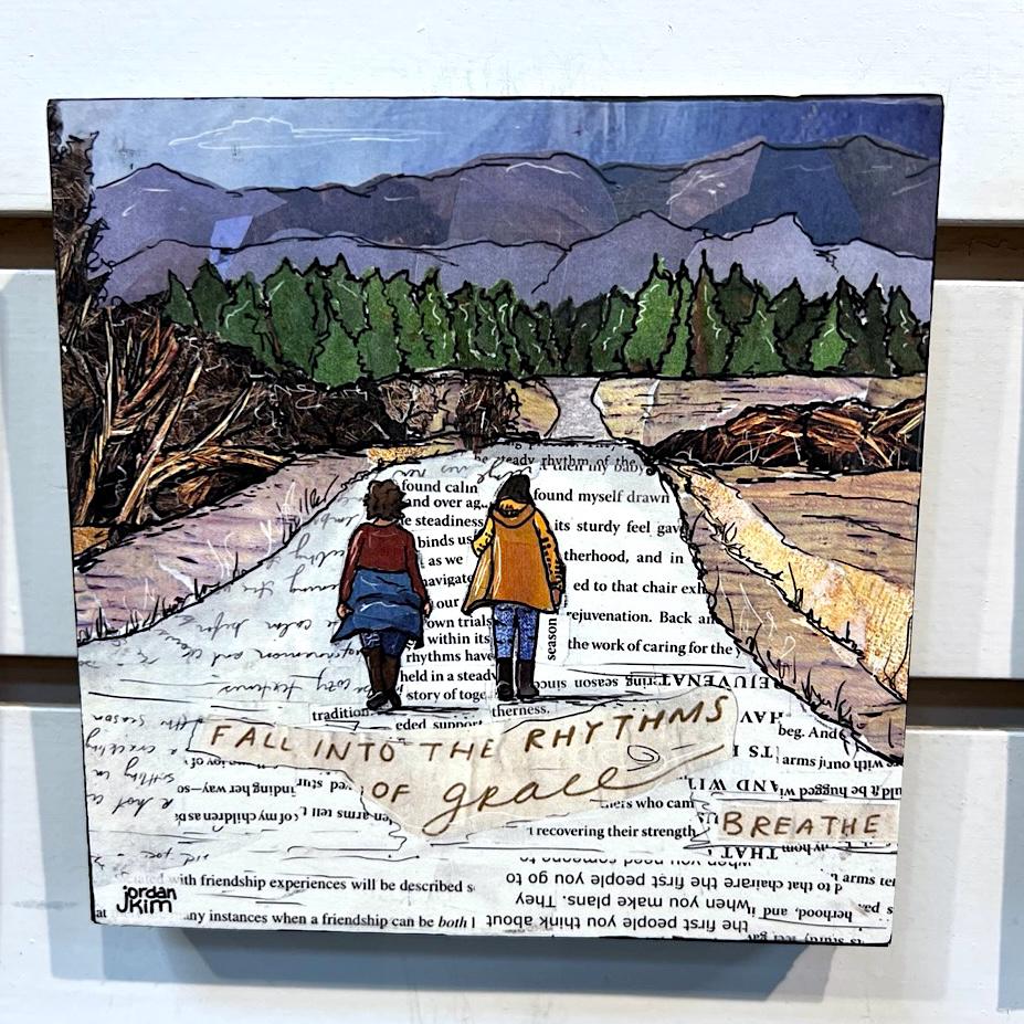 5x5" Wood-Mounted Print - Friend Walks - For Hanging or Free Standing on Shelf