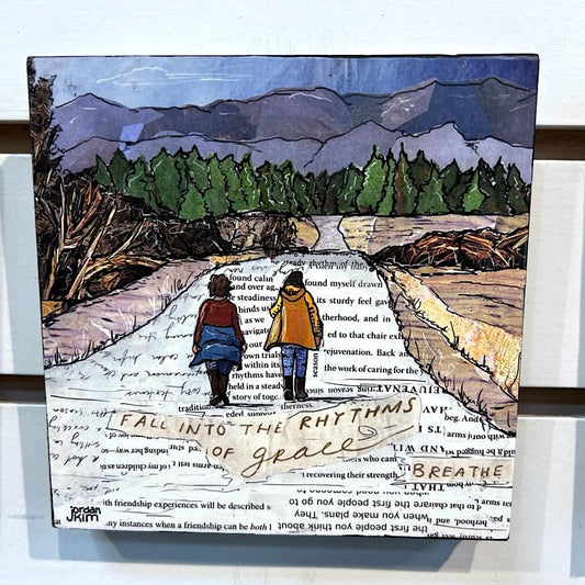 5x5" Wood-Mounted Print - Friend Walks - For Hanging or Free Standing on Shelf