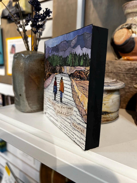 5x5" Wood-Mounted Print - Friend Walks - For Hanging or Free Standing on Shelf