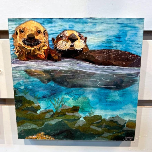 5x5" Wood-Mounted Print - Estuary Otters - For Hanging or Free Standing on Shelf