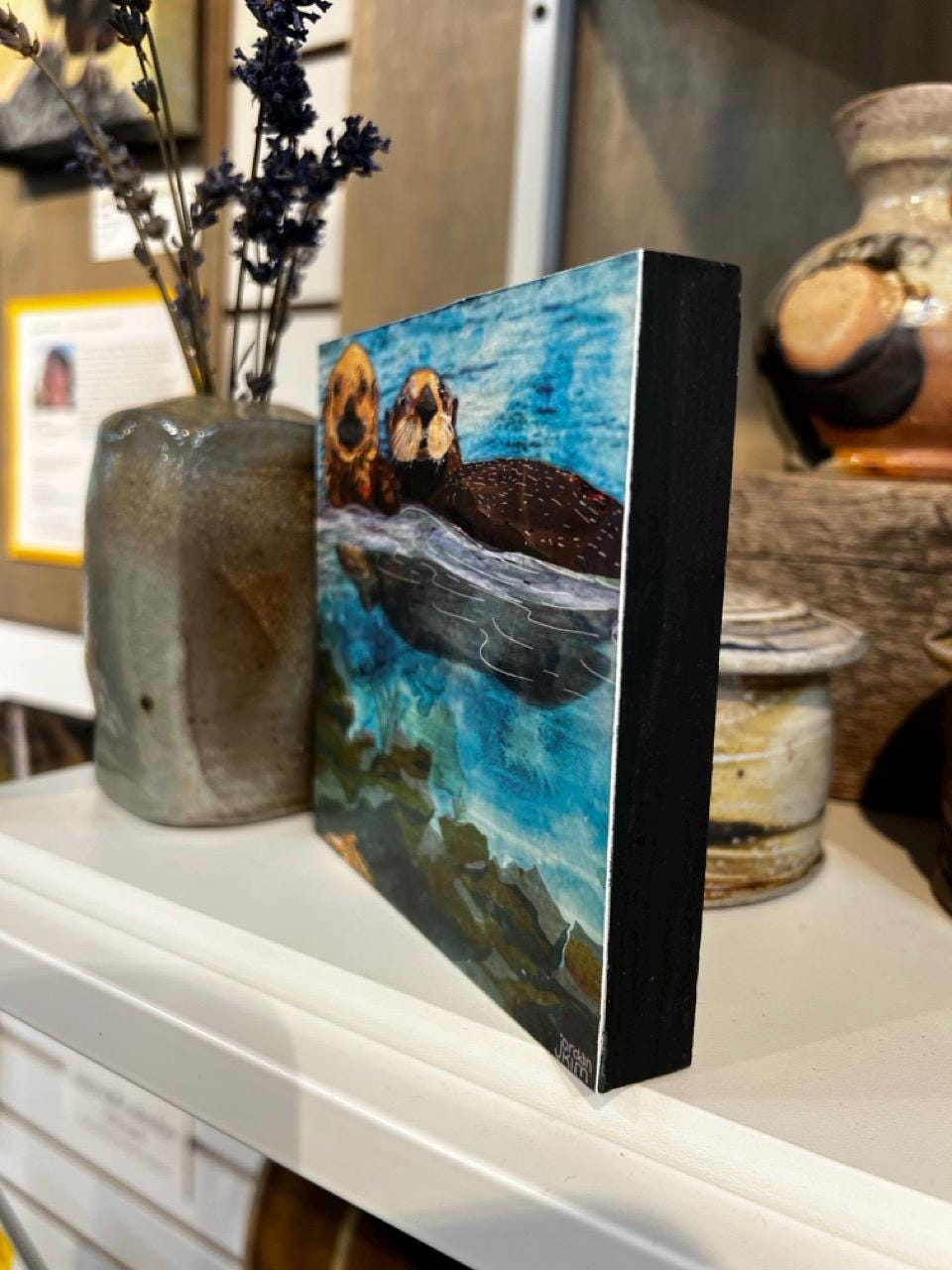 5x5" Wood-Mounted Print - Estuary Otters - For Hanging or Free Standing on Shelf