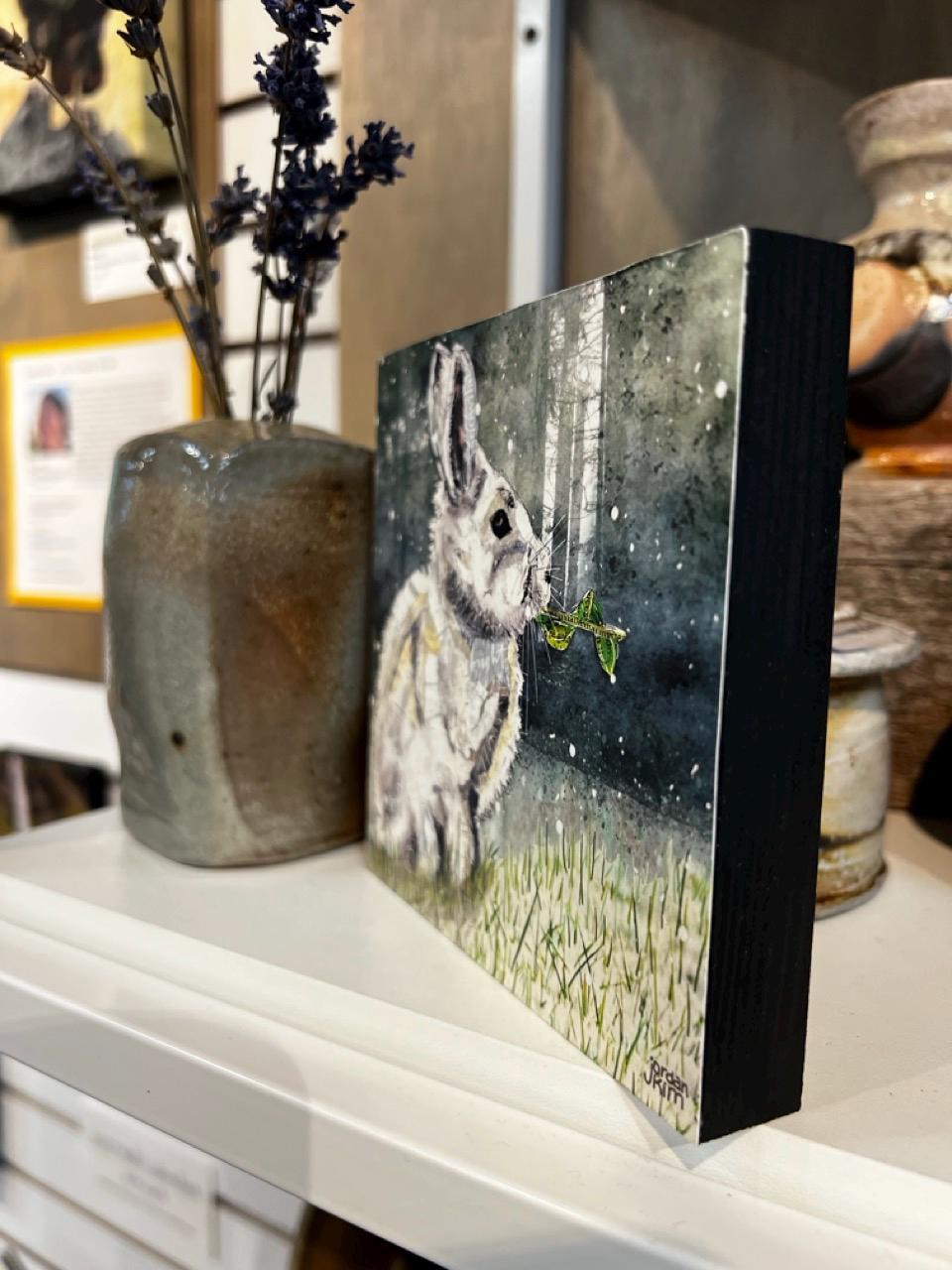 5x5" Wood-Mounted Print - Rabbit - For Hanging or Free Standing on Shelf