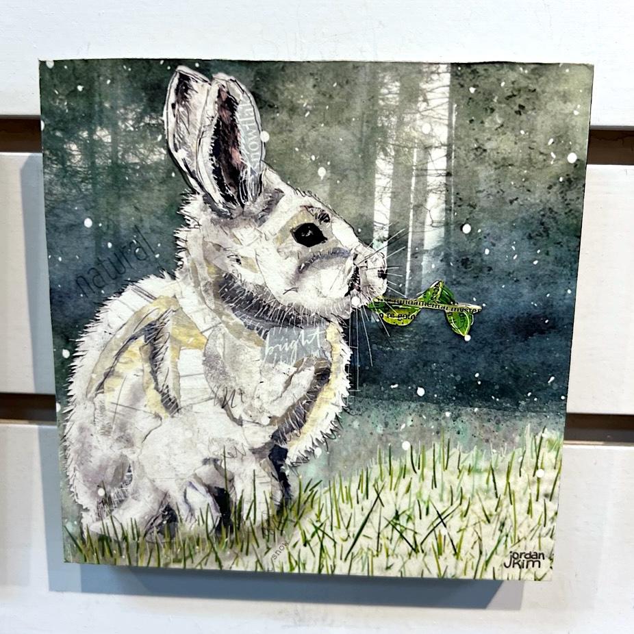 5x5" Wood-Mounted Print - Rabbit - For Hanging or Free Standing on Shelf