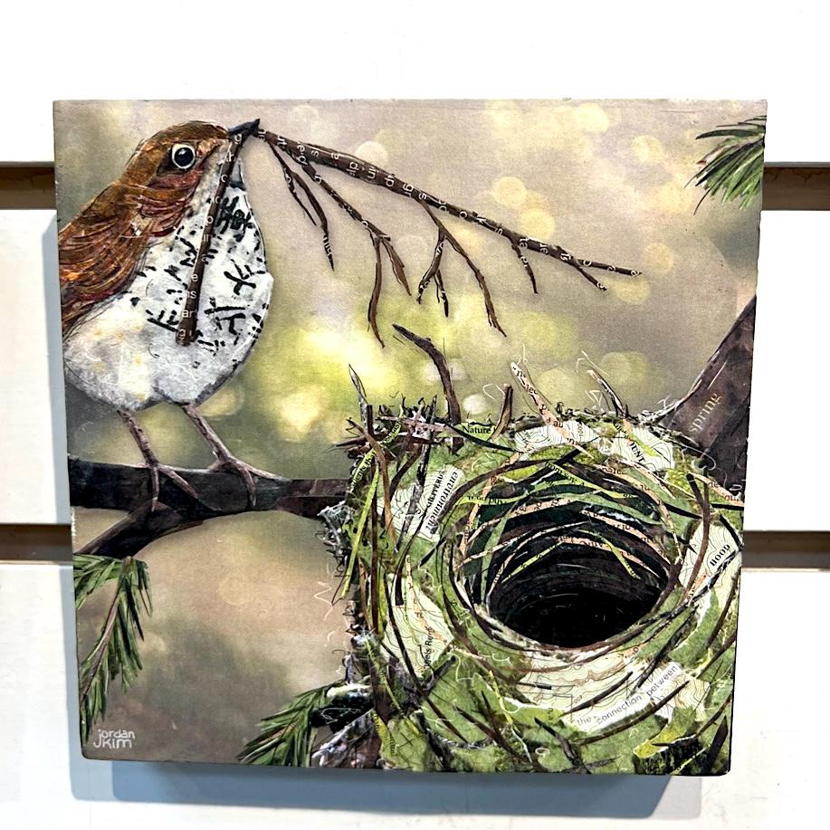 5x5" Wood-Mounted Print - Bird Nesting - For Hanging or Free Standing on Shelf
