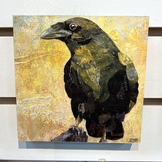 5x5" Wood-Mounted Print - Raven - For Hanging or Free Standing on Shelf