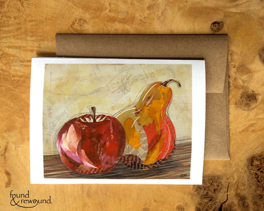 Greeting Card of Apple and Pear Simple Mixed Media Collage Art Card Blank Inside