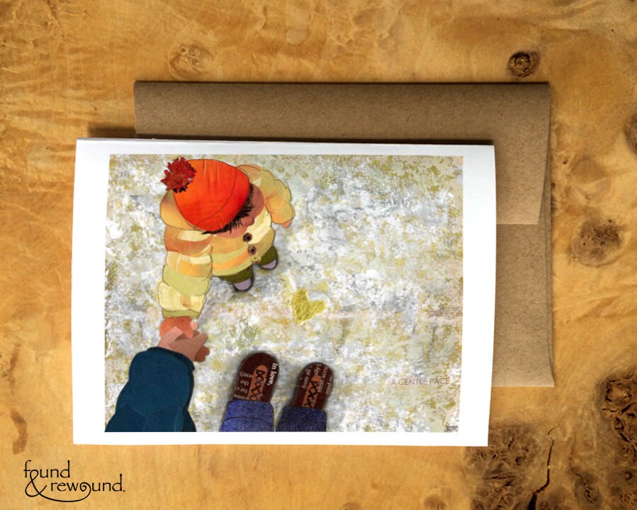 Blank Geeting Card of a Child Holding a Parent's hand in Snow Dusted Grass - Heart, Love, Parenting Art - Collage