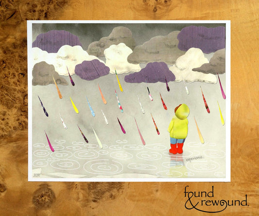 8x10 Art Print of a Child Watching Rainbow Rain in Spring Puddles / Kid's Room, Play Room, Nursery Wall Art