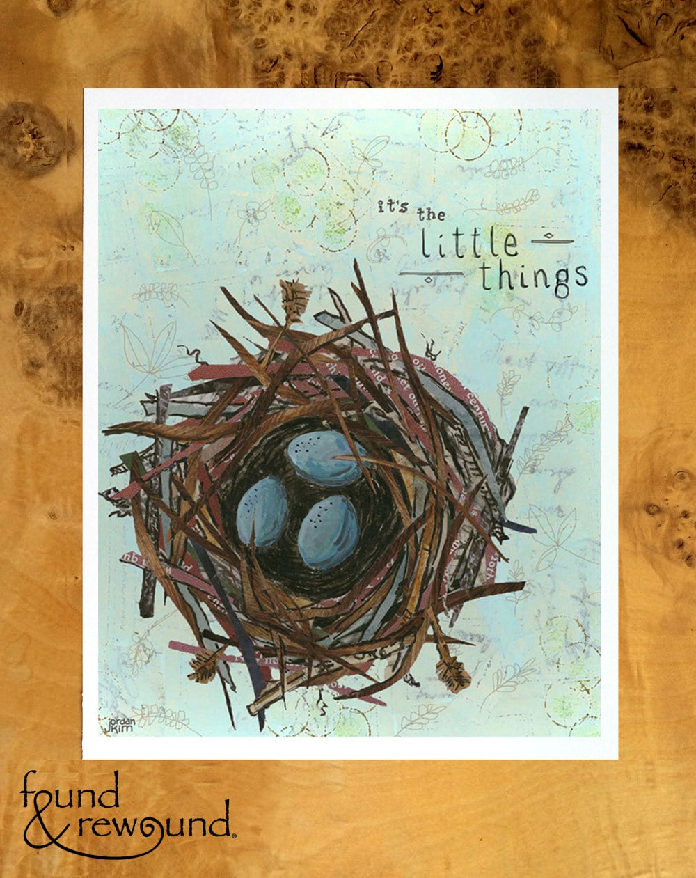 8x10 art print of blue eggs in a paper collage nest - mixed media art with inspirational quote "It's the Little Things"