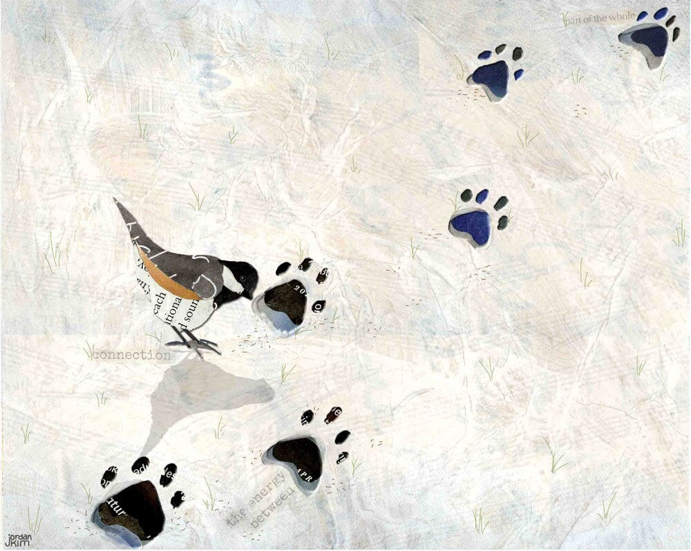 8x10 Art Print of a Little Bird Foraging in Footprints in the Snow - Inspiratonal Quotes