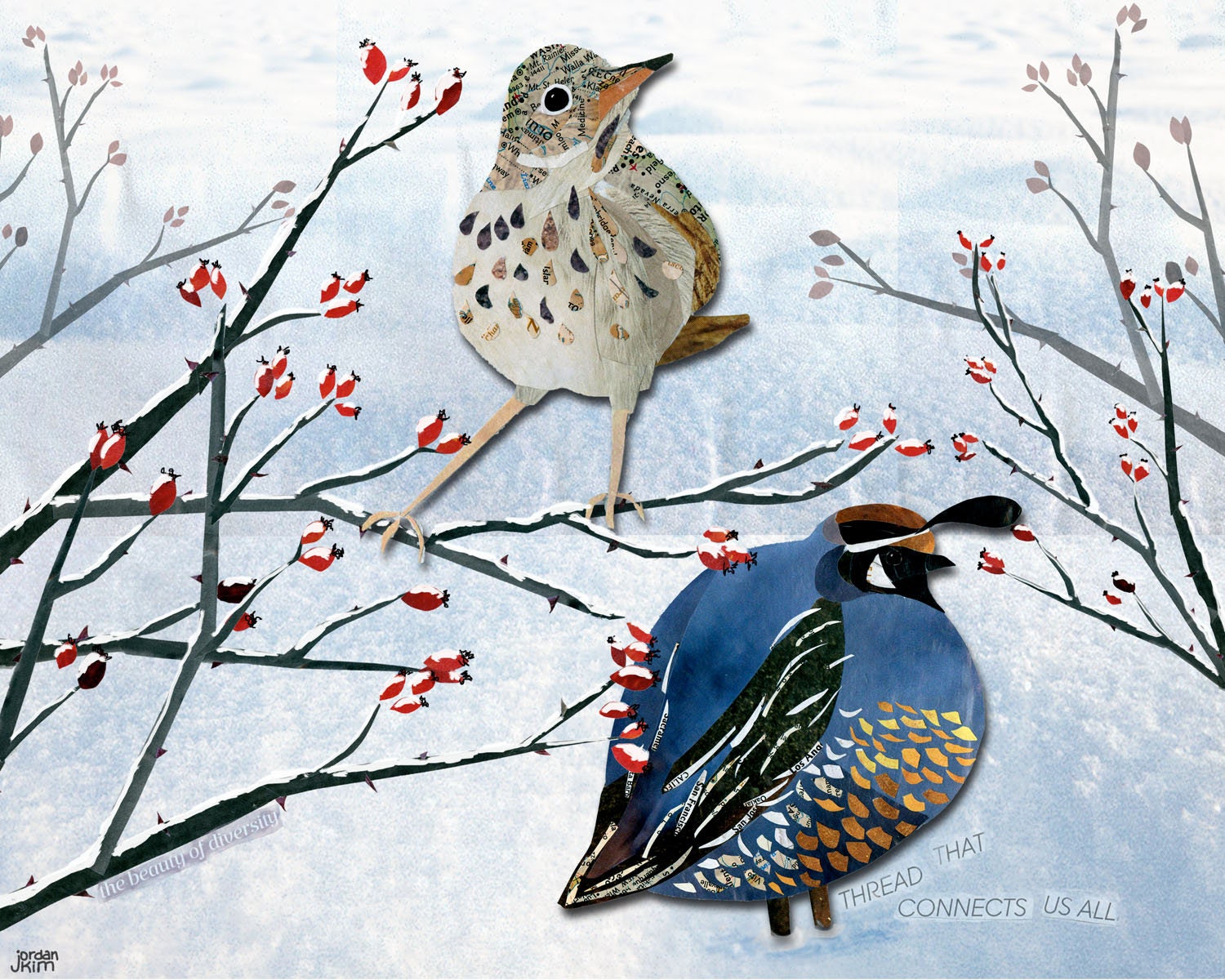8x10 Art Print of Birds in the Snow - Quail and Thrush, Winter, Nature Wall Art