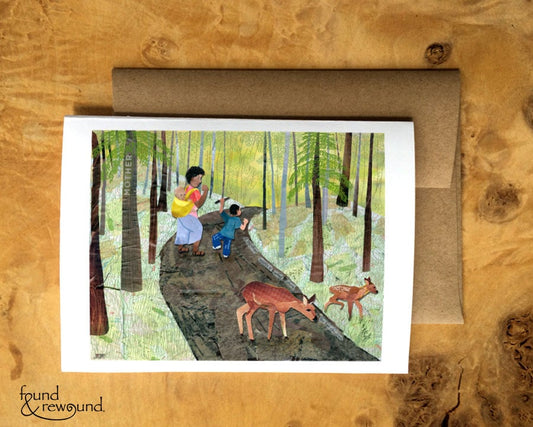 Greeting Card of a Mother Walking w/her Children in the Woods with Deer - Mother's Day - Mom - Nature Lover - Blank Card