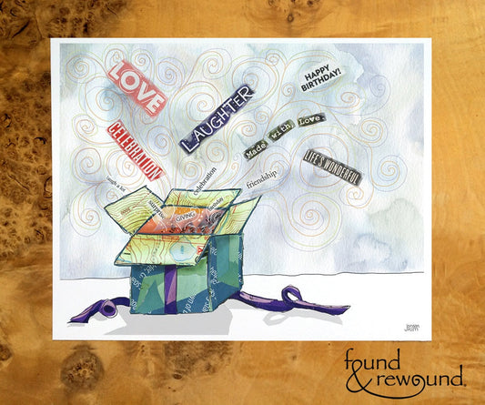 8x10 Art Print of a Collage of a Box Opening - Words Coming Out - Celebrate - Birthday Gift