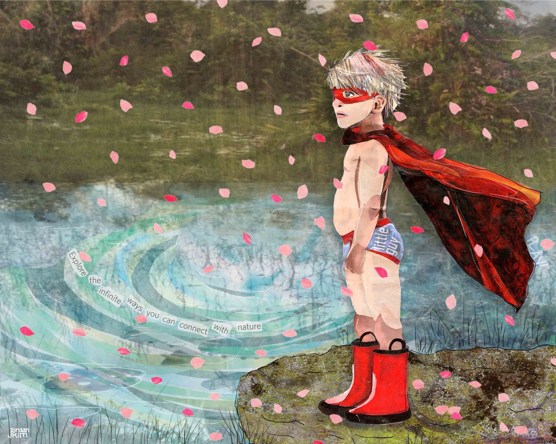 8x10 Art Print of a Little Boy with a Superhero Cape and Red Boots in Cherry Blossoms - Childhood - Funny - Teacher Gift