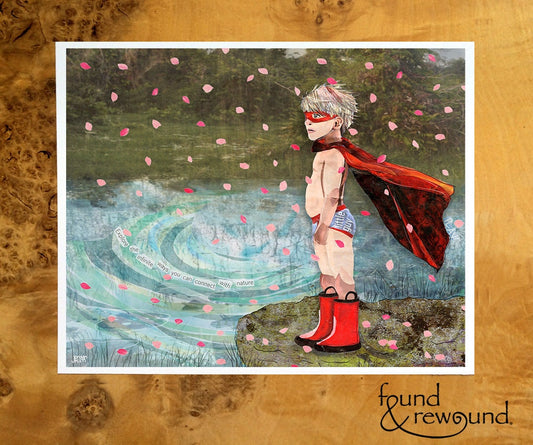 8x10 Art Print of a Little Boy with a Superhero Cape and Red Boots in Cherry Blossoms - Childhood - Funny - Teacher Gift