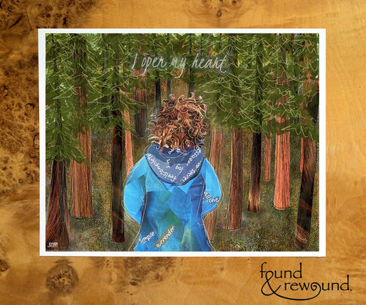 8x10 Art Print of a Woman in the Forest with words "I Open My Heart" - Support Gift - Nature Lover - Wall Art - Prayer - Meditation
