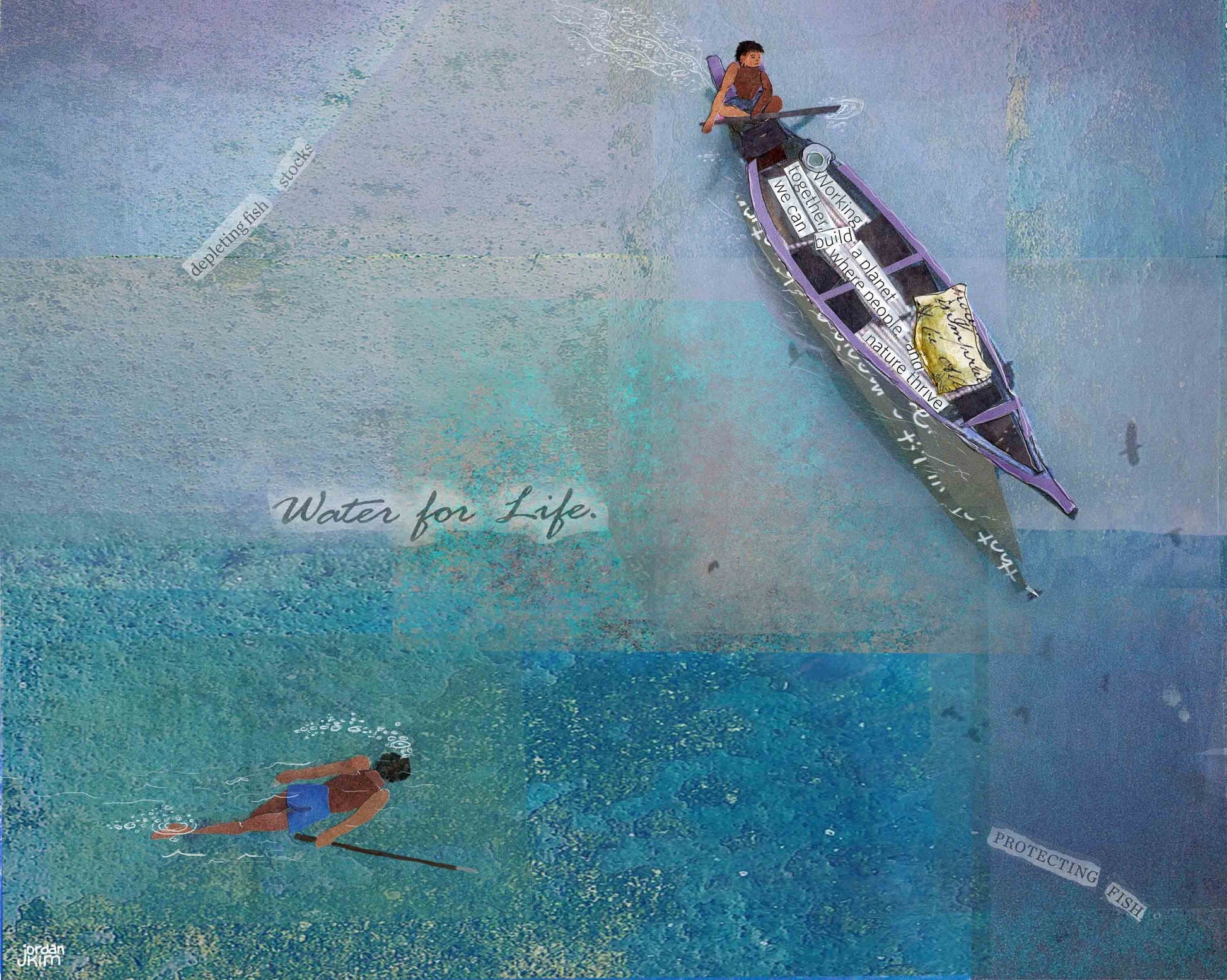 8x10 Art Print of a Person in a Fishing Boat and someone Spear Fishing - Inspiration - Ocean - Fishing - Water