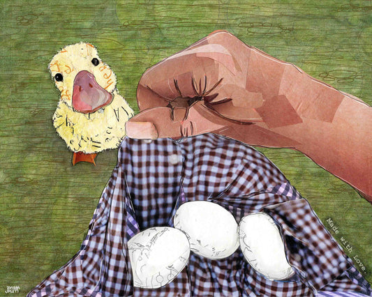 Greeting Card of a duckling looking up at person gathering eggs - farm fresh - eggs - ducks - blank inside - Easter - Mother's Day