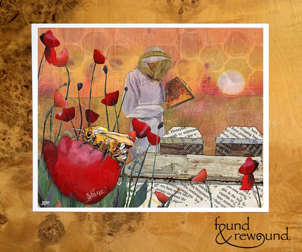8x10 Art Print of a honeybee with a beekeeper and sunrise - bees - red poppies - apiary - summer - gardener gift