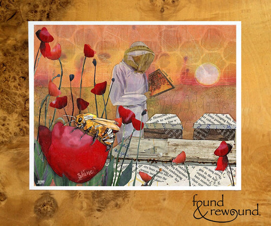 8x10 Art Print of a honeybee with a beekeeper and sunrise - bees - red poppies - apiary - summer - gardener gift