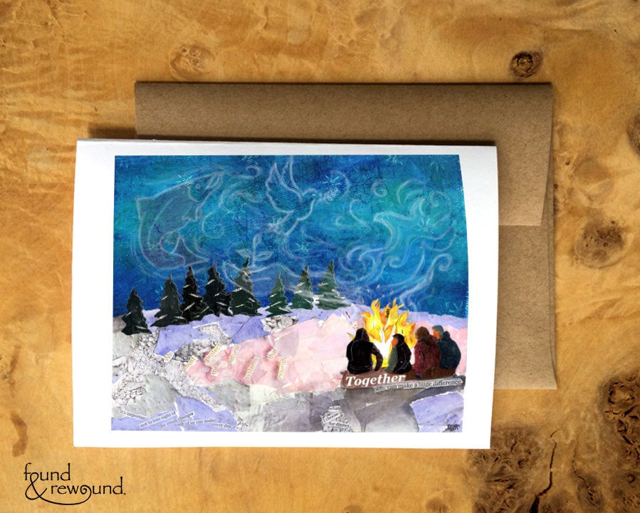 Greeting Card of Friends Gathered Around a Bonfire in the Snow - Aurora Borealis - Christmas - Winter Solstice - Blank Inside