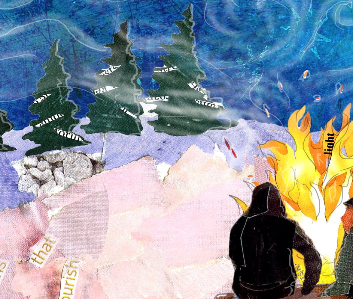 Greeting Card of Friends Gathered Around a Bonfire in the Snow - Aurora Borealis - Christmas - Winter Solstice - Blank Inside