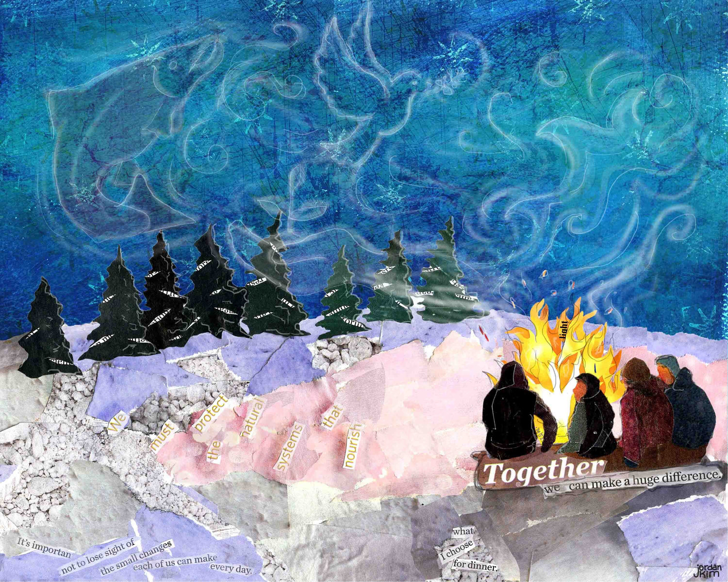 8x10 Art Print of Friends Gathered Around a Bonfire in the Snow - Aurora Borealis - Christmas - Winter Solstice - Holiday Gift