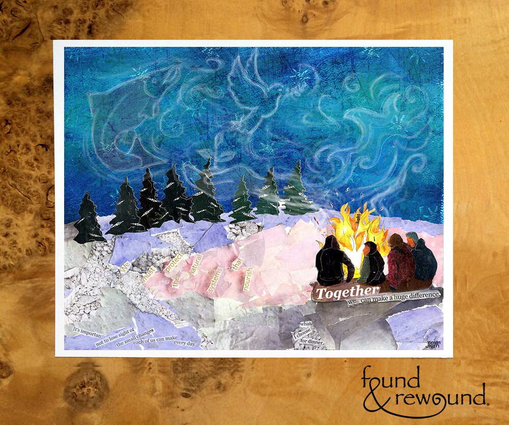 8x10 Art Print of Friends Gathered Around a Bonfire in the Snow - Aurora Borealis - Christmas - Winter Solstice - Holiday Gift